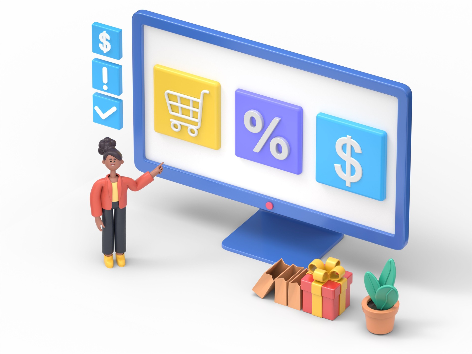 3D illustration of african american woman Coco buying goods online on internet marketplace. Woman shopping online and receiving gift. Shopping and retail concept.